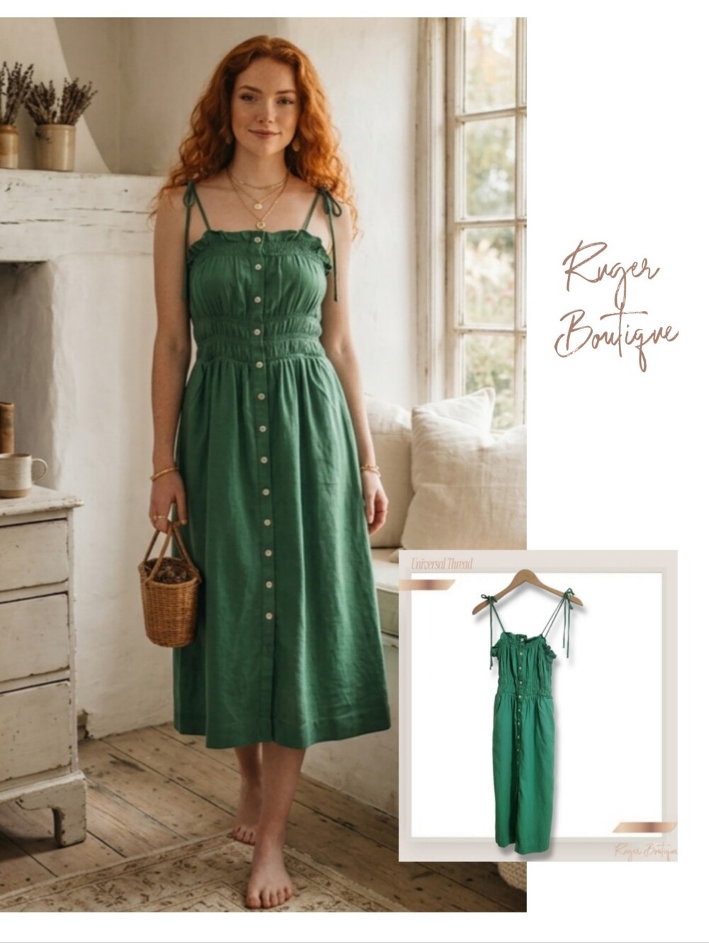 🌿Universal Thread Green Linen Blend Button Front Midi Smocked Sundress XS Boho